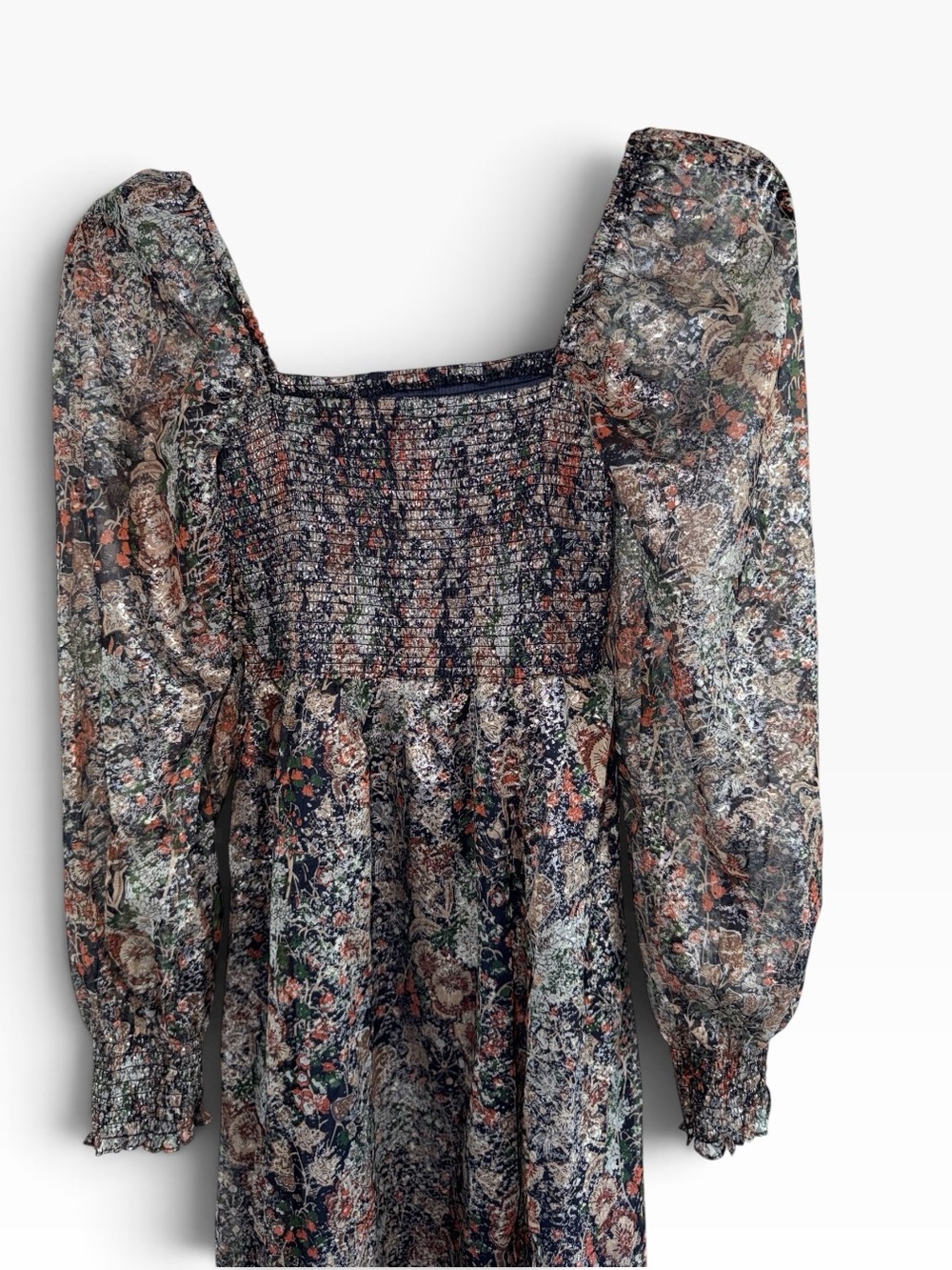 O.P.T. Metallic Floral Smocked Long Sheer Sleeve Midi Dress size Small - Picture 4 of 9